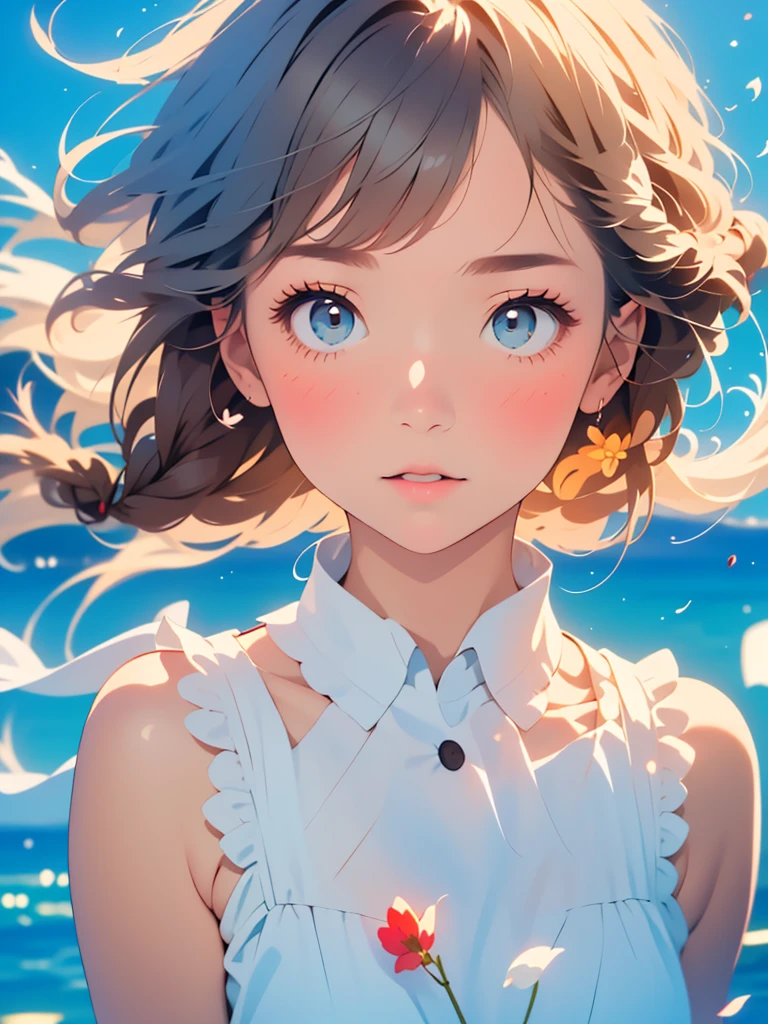 (highest quality, masterpiece, Ultra-realistic), Beautiful and delicate girl portrait, Playful and cute, Floating petals in the background