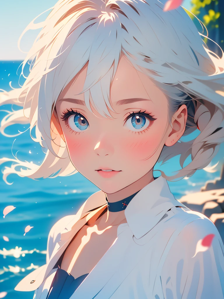 (highest quality, masterpiece, Ultra-realistic), Beautiful and delicate girl portrait, Playful and cute, Floating petals in the background