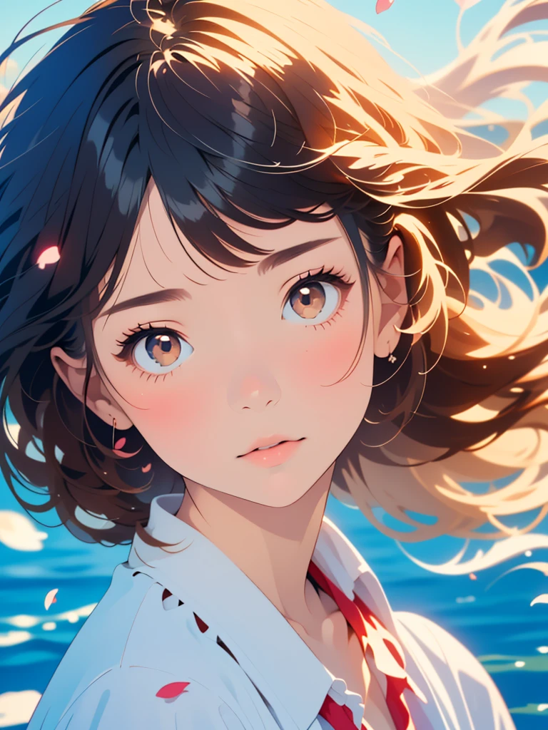 (highest quality, masterpiece, Ultra-realistic), Beautiful and delicate girl portrait, Playful and cute, Floating petals in the background