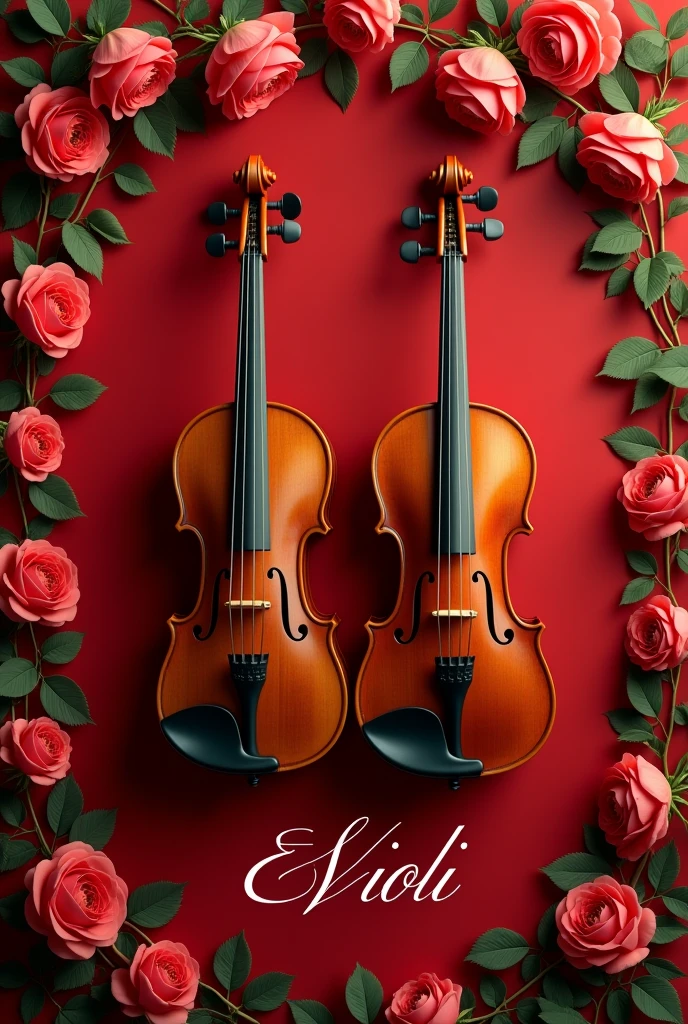 A red background came with a rose margin, but on top make a violin and a viola that below are the subtitles of the instruments. 