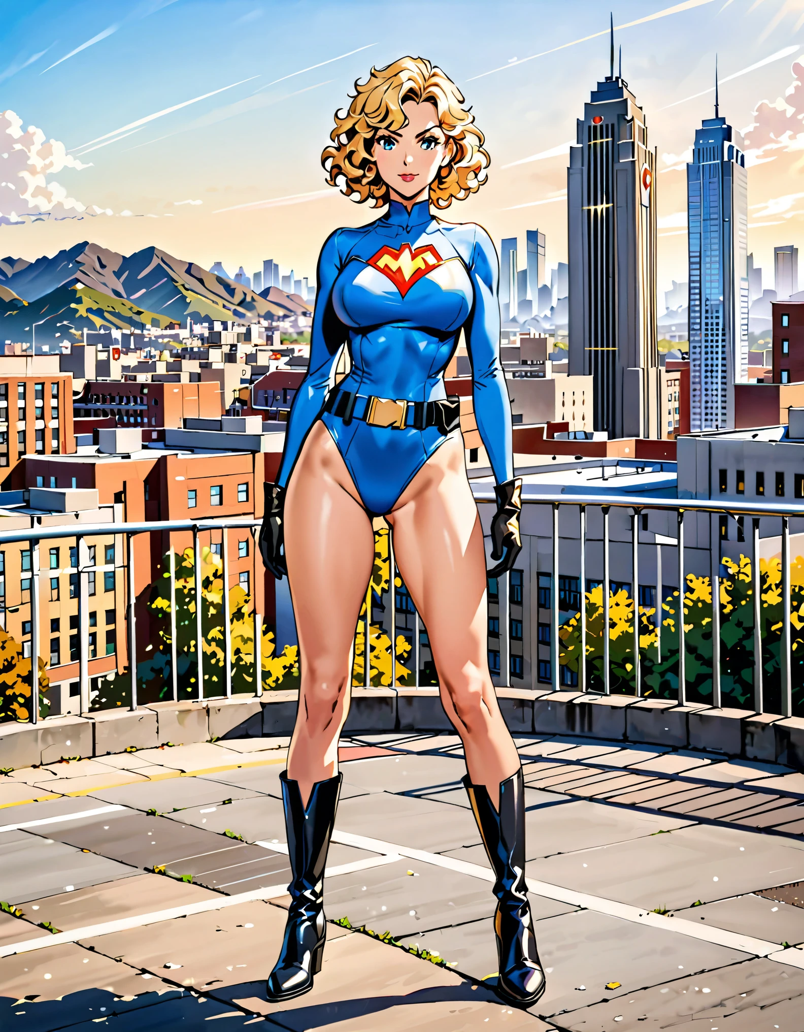 masterpiece, best quality, hires, 1girl, medium breasts, ((leotard, light blue leotard)), long sleeves, (lighting bolt /(emblem on chest/), (bare legs), ((fastened tight belt)), black boots, matching boots, ankle boots, black gloves, wrist-length gloves, city backdrop, solo, single, standing, full body shot, cowboy shot, superhero, beautiful detailed eyes, beautiful detailed face, blonde hair, (short hair), wavy hair, high school backdrop, outdoors, mature lady, teacher, perfect body, good proportions