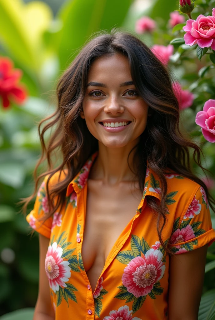 A Brazilian woman in a lush tropical garden, wearing an open shirt with a floral print, with a close-up capturing the harmonious beauty between her breasts and the natural flowers, showing off your natural charm and outgoing personality.