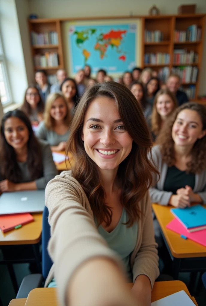 A brunette woman, slim, medium and wavy hair: Selfie in the classroom with all the students also laughing and posing for a picture at a university