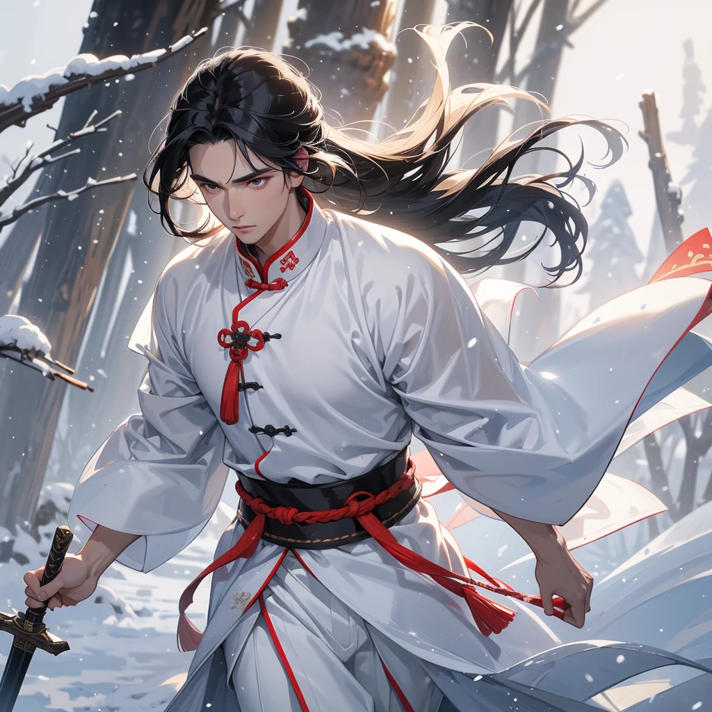 Handsome black-haired male general holding a large sword in ancient Chinese general costume, walking In the middle of a snowstorm, white snow is falling, The sun shines and the sun rises. close up, In the middle of a snowstorm, it is white. The trees are covered in white snow. The snow is falling.
