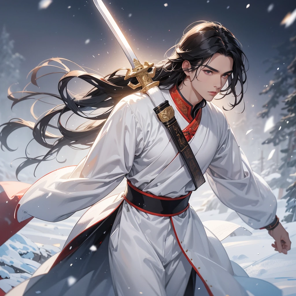 Handsome black-haired male general holding a large sword in ancient Chinese general costume, walking In the middle of a snowstorm, white snow is falling, The sun shines and the sun rises. close up, In the middle of a snowstorm, it is white. The trees are covered in white snow. The snow is falling.