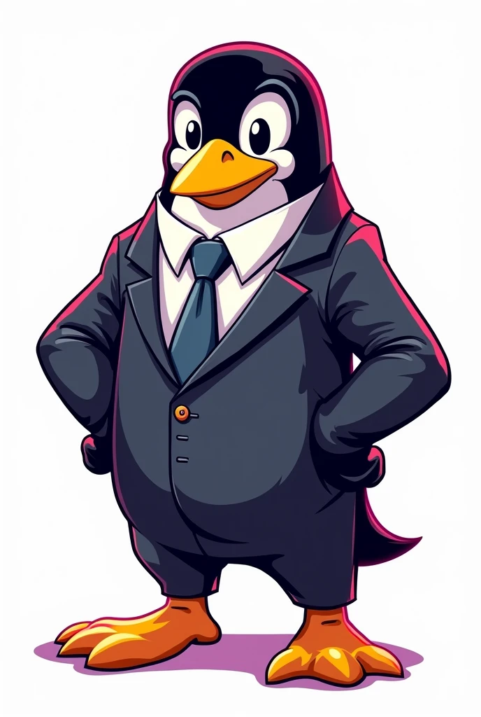 Linux mascot wearing a business suite mid shot retro comic style neno colours white background 4k image mascot looking so bravest human mascot 