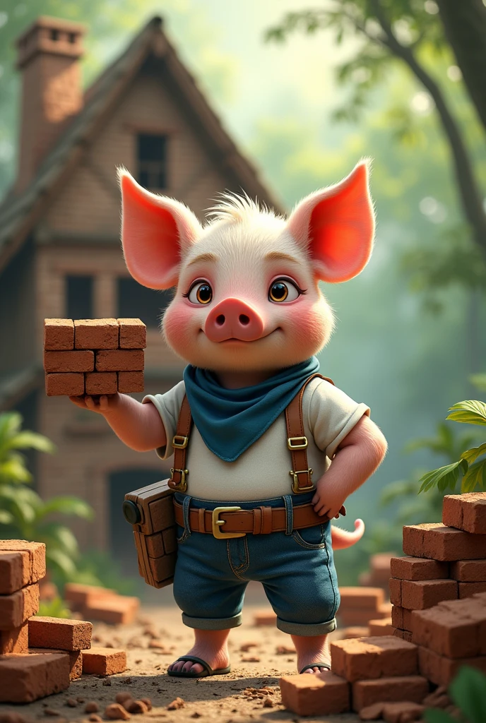 full-body illustration, (1male piglet:1.2), (determined expression:1.3), wearing a white t-shirt, blue jeans, and a blue bandana, (strong and hardworking:1.3), muscular build, (holding a stack of bricks in hand), (building a multi-storey proper house with chimney), surrounded by construction materials and tools, (realistic fur texture), (jungle background:1.4), standing in front of a half-constructed brick house with sturdy walls, sunlight filtering through the trees, (soft lighting:1.3), (green and earthy color scheme:1.3), (highly detailed), (ultra quality:1.3), (masterpiece), (digital art), 8K resolution, HDR, depth of field, (soft shadows), (photorealistic:1.3), (animation:1.2), (by Greg Rutkowski:0.9), (in the style of Alphonse Mucha), trending on ArtStation, award-winning art