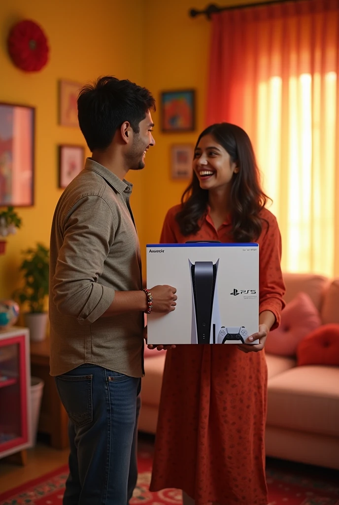Brother and Sister are celebrating Rakshabandhan . Brother is giving Playstation 5 as the rakhi gift . The sister is very happy . Show the rakhi at brother wrist . Show PS5 as gift . Make the playstation 5 large and remove rakhi from box 

