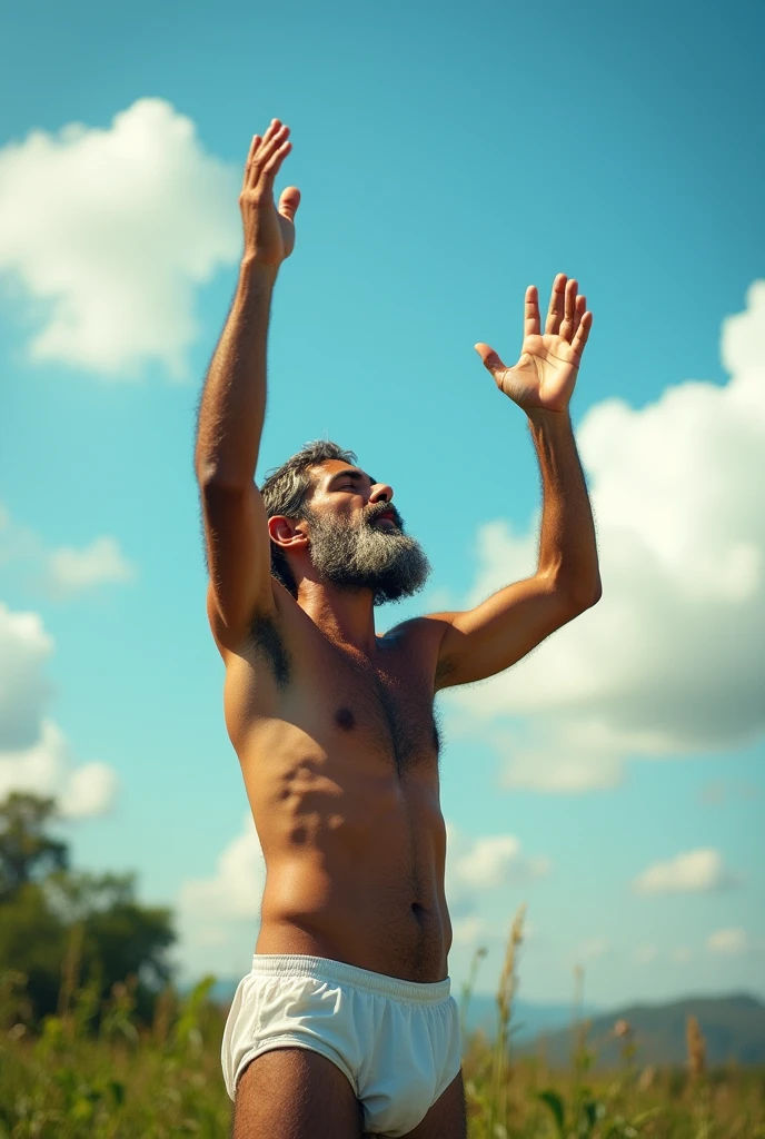 A bearded and hairy Caifuzo man standing in white underwear and praying, Looking at the sky, with hands raised to the sky.