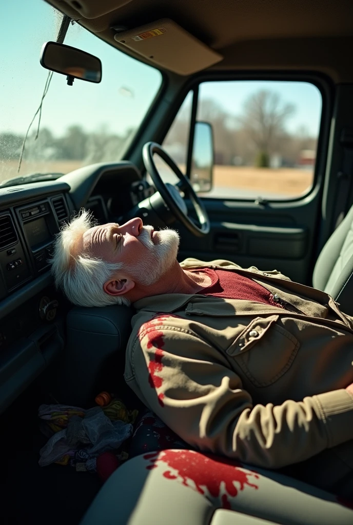 Sir dead from gunshot wounds caliber 40 gunshot wound in the chest
45 years old with white hair and a white mustache
dead inside a truck he was driving, With a gunshot wound during the day