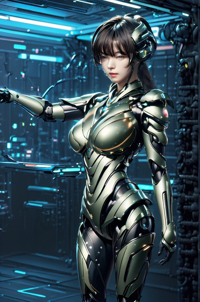 Highest quality, masterpiece, figure, (Realistic, photo-Realistic:1.37), wonderful, In detail, Incredibly absurd, Large file size, Very detailed, High resolution, Very detailed CG Unity 8k wallpaper, Very detailed目と顔, Ray Tracing, Browsing Caution, NUDE, One girl, Korean cyborg girl is innocent and young々Has a sly expression. She poses boldly with her arms raised above her head, Revealing her voluptuous figure. She is wearing a small black mecha armor top that barely covers her breasts., Exposing most of her flawless skin. Her shoulders and head have more armor detailing.、There are shining highlights, Tech Panels and Mechanisms. She is standing against a futuristic cityscape lit up with vibrant neon lights.、Standing full of energy。.