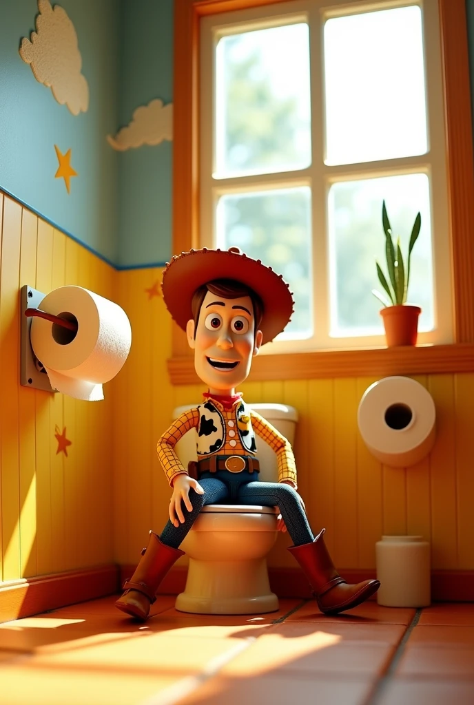 Woody in the bathroom pooping