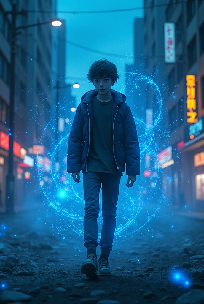 (17 year old boy in soul body with blue and black ray particles emitting around him.), 3D rendering, movie special effects, movie lighting, ruined city, clear HD, not detailed, Digital paint, Conceptual art, Shinkai Makoto Steering Wheel, pop popularization trend, pop, pop trend, pop trend on pixiv.