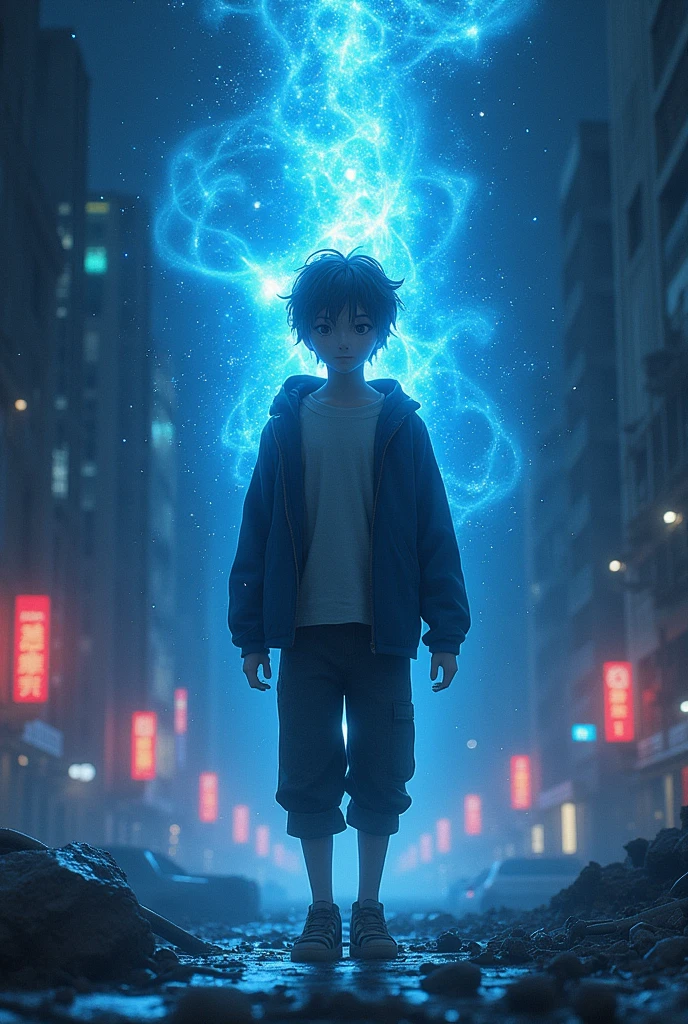 (17 year old boy in soul body with blue and black ray particles emitting around him.), 3D rendering, movie special effects, movie lighting, ruined city, clear HD, not detailed, Digital paint, Conceptual art, Shinkai Makoto Steering Wheel, pop popularization trend, pop, pop trend, pop trend on pixiv.