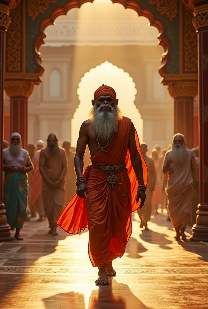 Narad Ji with monkey face Narad Ji Leaving the Swayamvar**
*Narad Muni, now calm and humble, exits the Swayamvar, leaving the palace behind.*