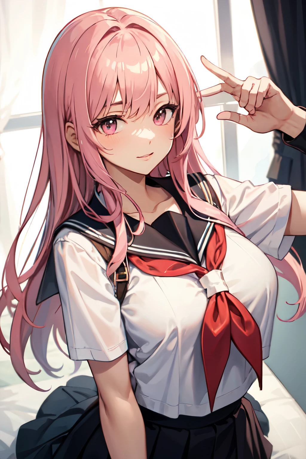 8k,Highest quality,masterpiece, Sharp focus,high school girl,,Pink Hair,Lewd,Sailor suit,
