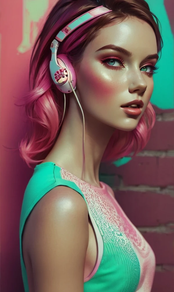 model girl wearing headphones, city background, intricate details, aesthetically pleasing pastel colors, poster background, art by conrad roset and ilya kuvshinov