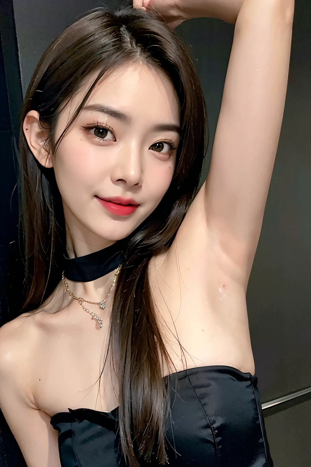 ((Realistic lighting、Highest quality、8k、Real Life Photos、Amateur Photography、Ultra-high resolution、masterpiece:1.3))、((Excellent anatomy:1.2))、Finer details、Clear focus:1.2、 nude、1. Japanese women、alone、Perfect Body Beauty:1.4、Slim Abs:1.1、Dark brown eyes、disheveled middle brown hair、((Face close-up:1.4))、(Midnight Room、In front of the wall)、Thin face、Slender body、sexy、Red cheeks、(Black Silk Gloss Dress)、(Face close-up:1.1)、((( The nipple is peeking out from the dress.:0.9)))、((Raise your arms high:1.3))、((Show me your armpits:1.3))、when、Pointed nipples、Chest do-up、Looking into the camera、Detailed skin texture、Detailed face、Detailed fabric texture、(26 years old:1.3)、double eyelid、necklace、 (Laughter:1.2)