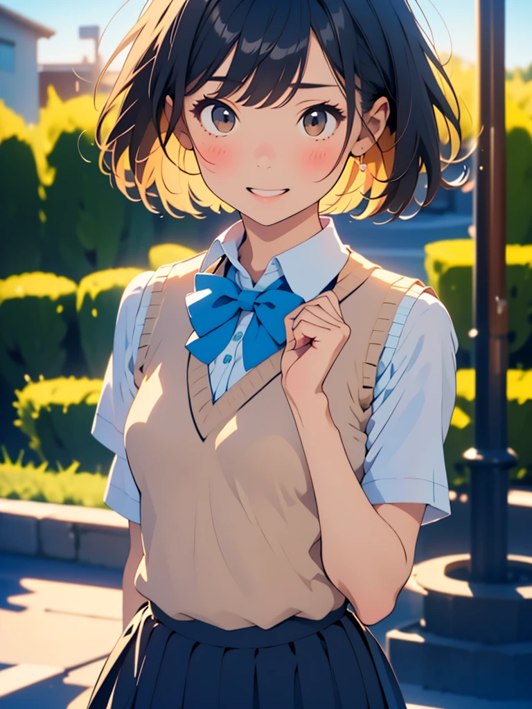 masterpiece, highest quality, Confused, Perfect Anatomy, 1 girl, alone, Itsuwa,short hair,Black Hair,Brown eyes,smile,blush,Open your mouth,Happy atmosphere,break skirt, shirt, bow, ribbon, , white shirt, Short sleeve, Pleated skirt, collared shirt, mini skirt, bowtie, 黒いloafers , Black Skirt, Black Pantyhose, loafers, green bow, whole bodyがイラストに入るように, (Blue Sweater Vest:1.5),evening,sunset,The sun goes down,walk,break outdoors, construction area, break looking at viewer, whole body, break (masterpiece:1.2), highest quality, High resolution, unity 8k wallpaper, (shape:0.8), (Beautiful details:1.6), Highly detailed face, Perfect lighting, Extremely detailed CG, (Perfect hands, Perfect Anatomy),