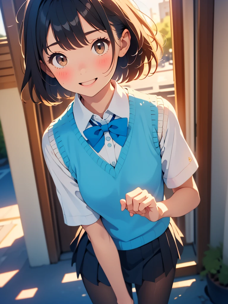 masterpiece, highest quality, Confused, Perfect Anatomy, 1 girl, alone, Itsuwa,short hair,Black Hair,Brown eyes,smile,blush,Open your mouth,Happy atmosphere,break skirt, shirt, bow, ribbon, , white shirt, Short sleeve, Pleated skirt, collared shirt, mini skirt, bowtie, 黒いloafers , Black Skirt, Black Pantyhose, loafers, green bow, whole bodyがイラストに入るように, (Blue Sweater Vest:1.5),evening,sunset,The sun goes down,walk,break outdoors, construction area, break looking at viewer, whole body, break (masterpiece:1.2), highest quality, High resolution, unity 8k wallpaper, (shape:0.8), (Beautiful details:1.6), Highly detailed face, Perfect lighting, Extremely detailed CG, (Perfect hands, Perfect Anatomy),