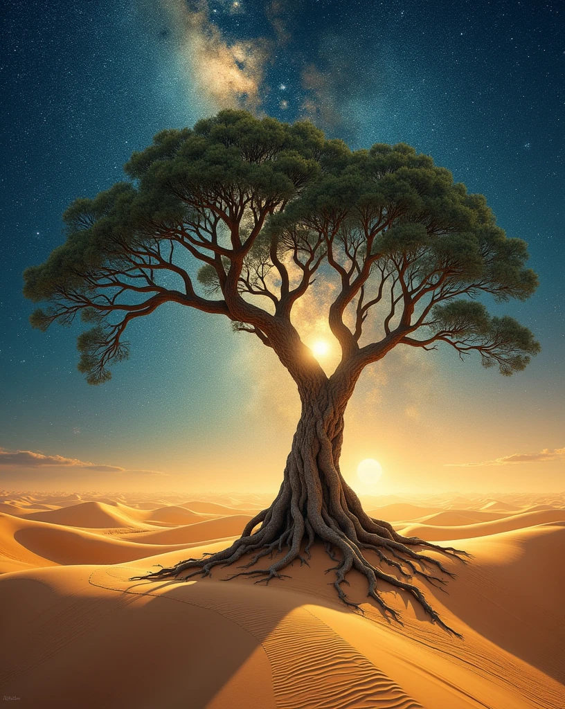 I want an easy-to-paint landscape that shows feelings and adds surreal elements., There stands a solitary tree in the heart of the desert or in the midst of everything, with roots that stretch towards a starry sky and a road that extends endlessly, easy to draw.