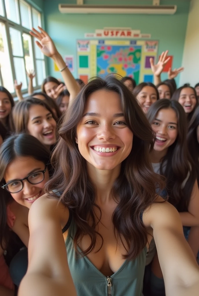  A brunette woman, slim, medium and wavy hair: selfie in the classroom with all the students also laughing and posing for the photo at a university NOTE: A PHOTO FOCUSING ON EVERYONE