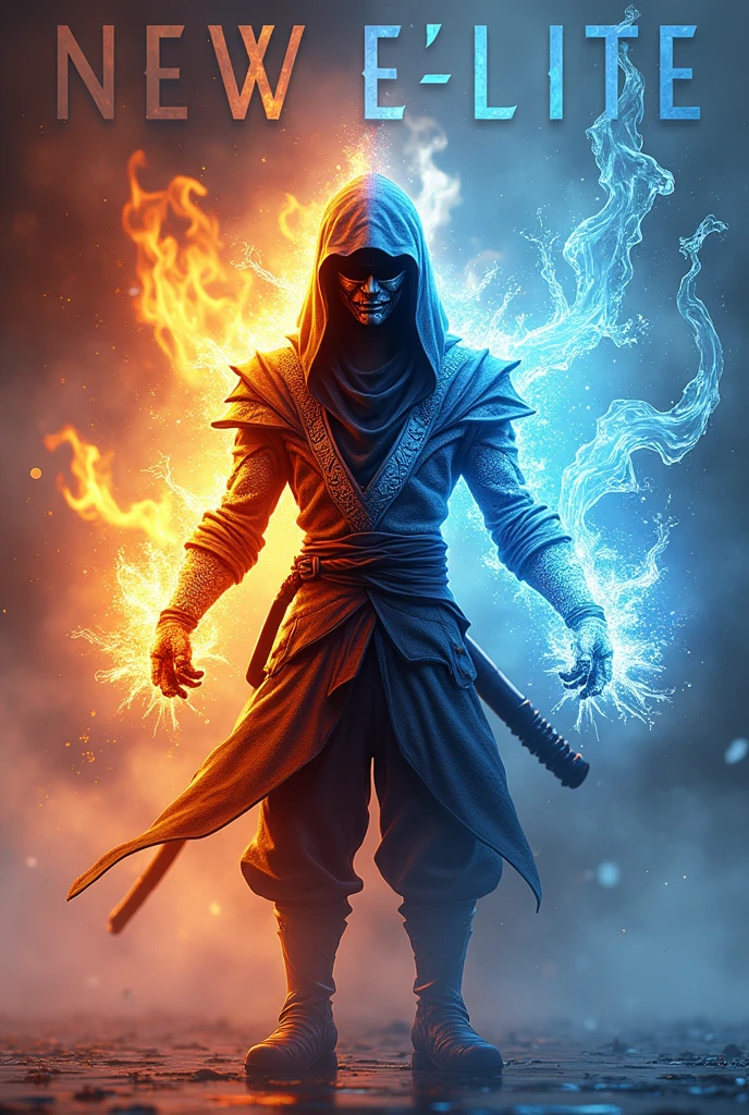 An image with the words New Élite in large italics, featuring a highly detailed animated ninja with fire and ice. The fire and ice should be prominent, and the ninja should be well-detailed, with the words New Élite large.