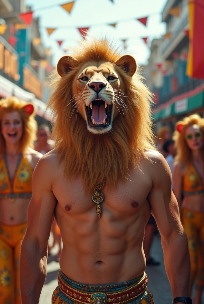 Man wearing custom lion head hat , the face of the man still uncover,