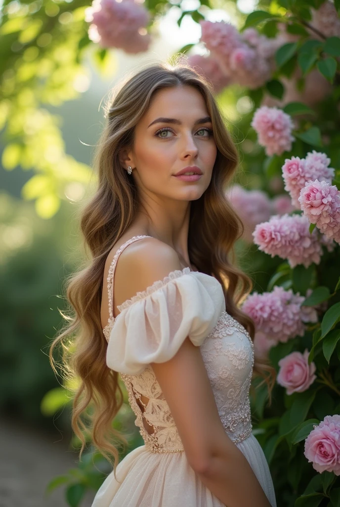 "Generate an image of an exceptionally beautiful British woman. She should have a classic and refined look, with striking features and a graceful presence. Her long hair should be styled elegantly, and she should exude a sophisticated charm and poise."