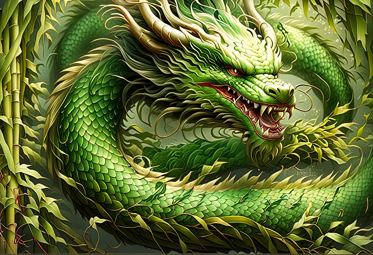 An Asian serpentine dragon, floating, flowing serpent like, through a dense bamboo forest weaving effortlessly between bamboo, stalking the viewer, menacing look
