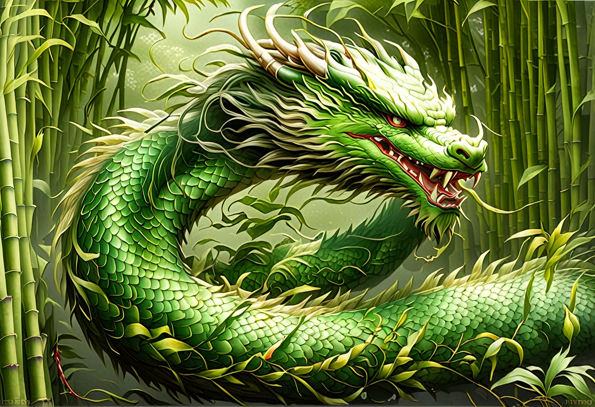 An Asian serpentine dragon, floating, flowing serpent like, through a dense bamboo forest weaving effortlessly between bamboo, stalking the viewer, menacing look
