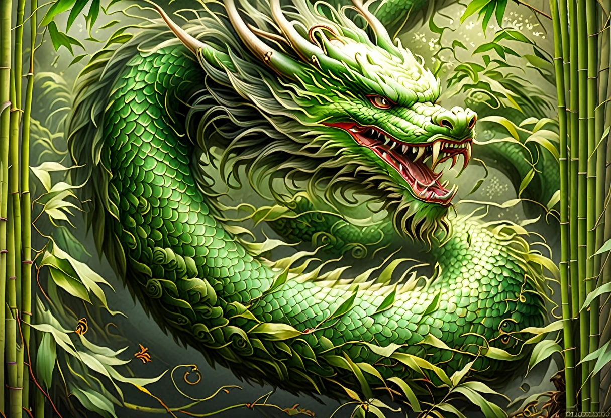 An Asian serpentine dragon, floating, flowing serpent like, through a dense bamboo forest weaving effortlessly between bamboo, stalking the viewer, menacing look
