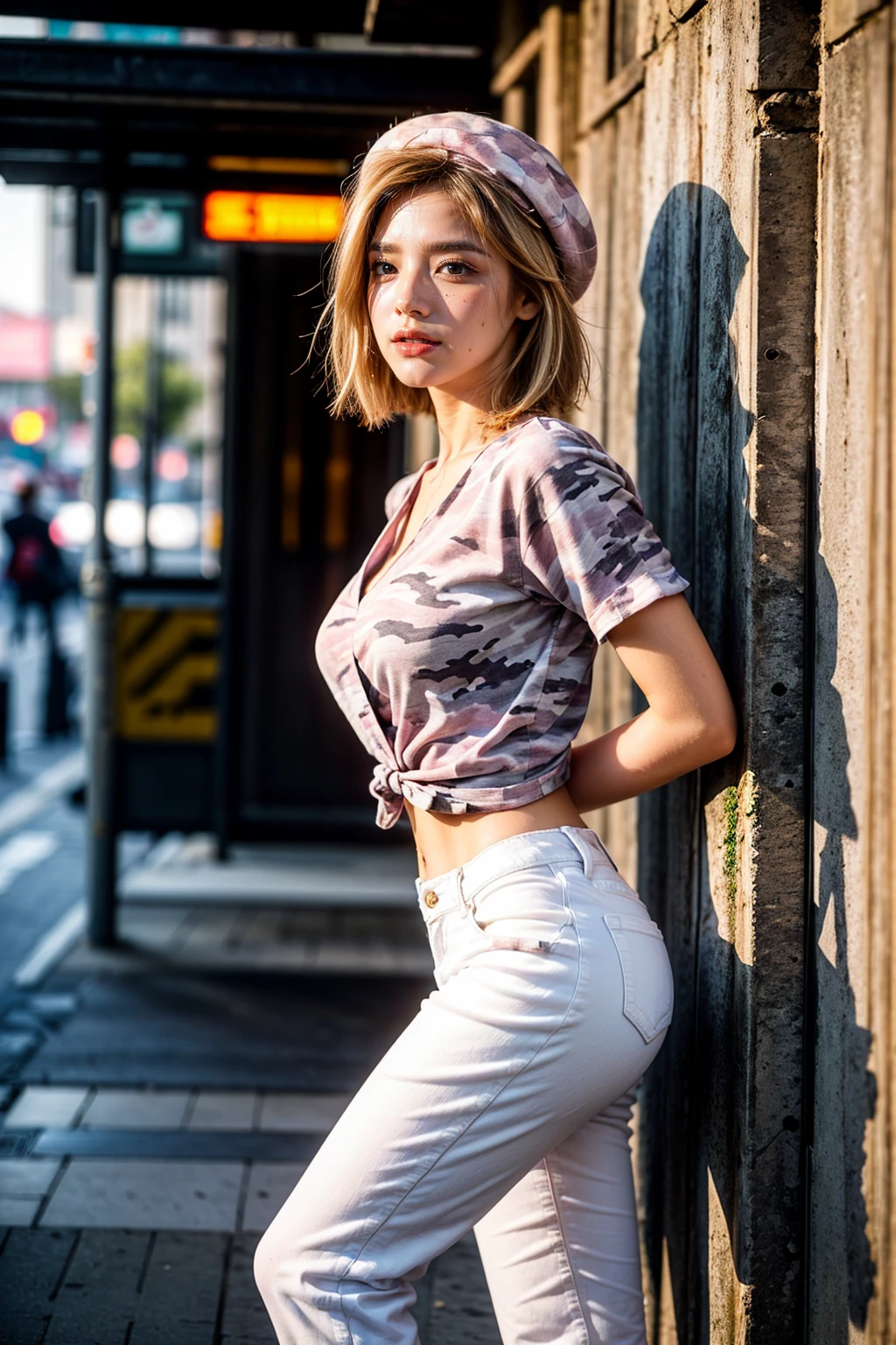 (1 woman), (Top Quality at its finest:1.4) (ultra detailed), (extremely detailed CG unified 16k), a beautiful woman with perfect figure: 1.4, sharp focus: 1.2, Very detailed, High definition RAW color photography, Professional photo session, Amazing face and eyes, Cosmetic products, (incredibly beautiful girl), ((From Lambda)), ((pink and white denim pants, pink black and white camouflage pattern shirt, pink hat, bare abdomen)), standing, sexy posture,(Stylish cityscape, day light), (look from below), realistic cinematic face, Full length, wide remote view., full body long view, photorealistic, ((realistic natural golden blonde hair style, Red eyes, short hair)), gorgeous, extremely beautiful face, perfect model beauty, pout mouth, Very detailed face and skin texture., detailed eyes, double eyelids, big breasts, smile, western film, (masterpiece), Best Quality, High resolution, extremely detailed, blurred background, depth of field, cinematic lighting, amazing legs, High heels, Clear and well-groomed skin, athletic, looking at the viewer, frontal photograph