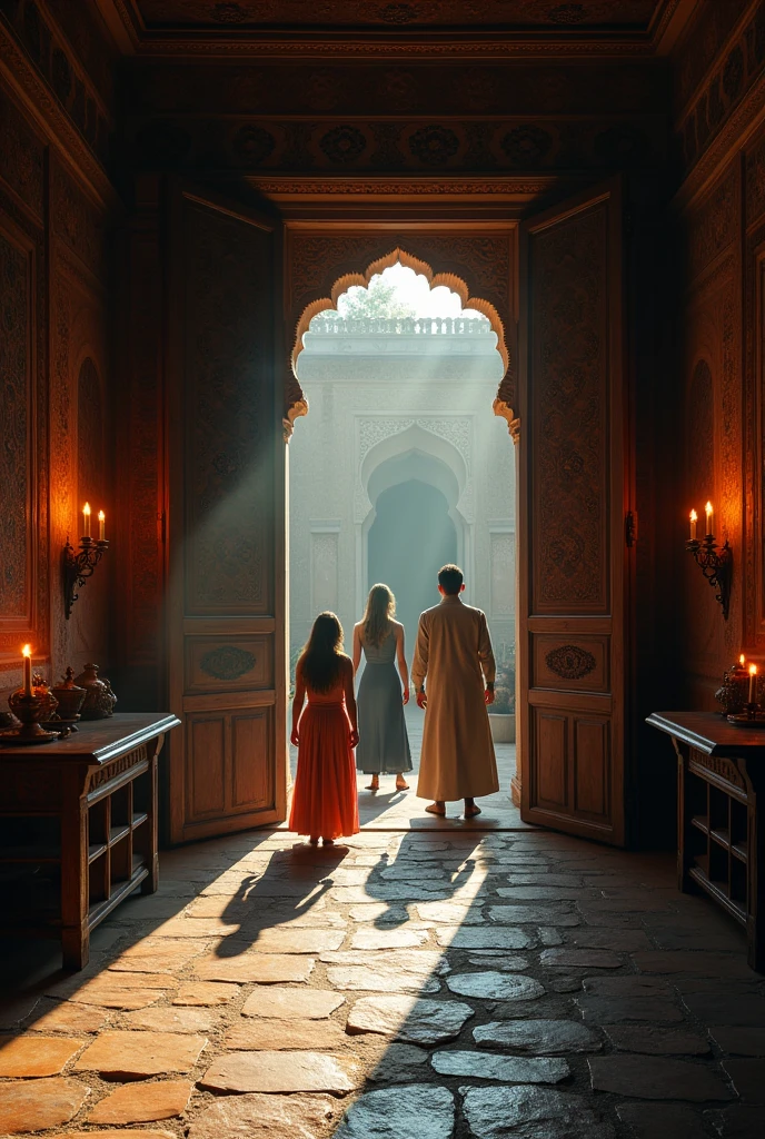 हवेली के दरवाजे बंद होना: लकड़ी के बड़े दरवाजे अपने बंद हो रहे हैं, परिवार अंदर फंस गया है।