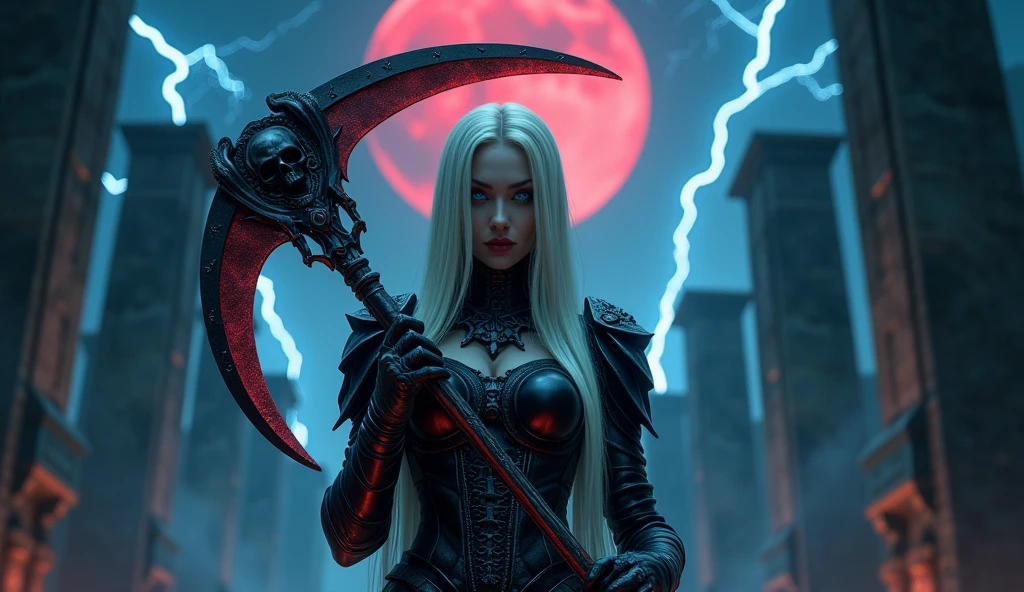 In this masterpiece, a stunning (sexy death goddess), (Clara Morgane:1.3), stands at the center of the frame, radiating an aura of mystique and beauty. The ultra-detailed 4K image presents her in front of a (black mana vortex:1.3) framed by the (huge gates of the realm of the dead:1.3), in the center of a necropolis surrounded by a dark jungle. The pitch-black night is lit by a few blue lightning bolts and a blood-red moon. The volumetric lighting casts a warm glow on her porcelain skin, accentuating the intricate details of her (sexy death armor). Her straight blonde hair is gorgeous, framing her charming smile and captivating cleavage. The mesmerizing atmosphere is punctuated by (blue thunderstorms and lightning) in the surreal dark sky, as if the heavens themselves are summoning her presence. The composition masterfully balances depth and complexity, drawing the viewer's eye to the perfect body, with its impeccable ??????? and tantalizing pose. (Charming smile), (Beautiful Big tits:1.3), (Finely crafted black tiara), She holds a huge scythe covered in blood red runes in her hand. (Photorealistic), (Dark theme). (Beautiful naked navel:1.5). Her high-quality sexy armor, composed of a (black bikini) and (pieces decorated with skulls), (blue eyes), (blond hair)