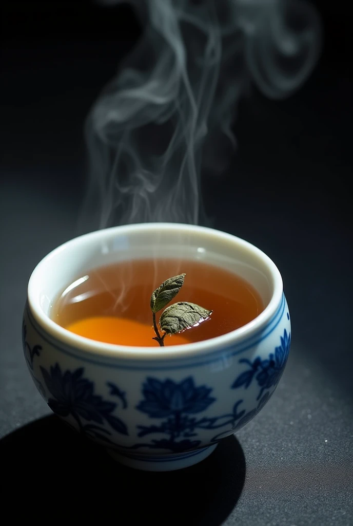 The camera looks down from directly above at a Chinese high mountain tea with one wick and two leaves brewing in a Chinese blue and white porcelain teacup.，((Right beneath the surface, You can see a single bud and two leaves of Chinese high mountain dry tea, which has been dried and then moistened, floating in the water.)),simple，Movie Lighting，专业photography，Studio Lighting，Black desktop background，photography，Intricate details，Ultra Detail，Hyper-photorealism，8K Ultra HD top view，Top view, bird's eye view