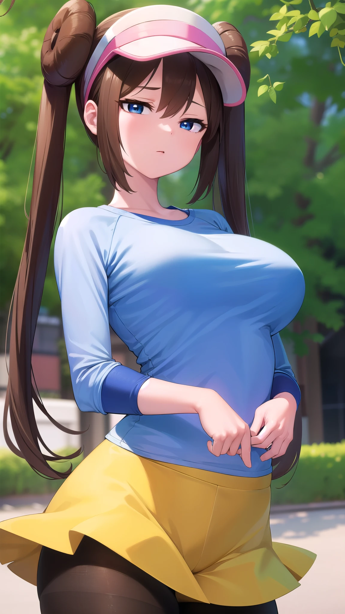 Rosa, Rosa, Brown Hair, Double Bang, doughnut Hair Bun, Hair Bun, blue eyes, Hair between the eyes, Twin tails, Large Breasts, Open your mouth,
break pantyhose, (Pantyhose under shorts), Raglan sleeves, skirt, (yellow skirt), White shirt, Blue Sleeve, Long sleeve, Visor Cap,
break looking at viewer, Upper Body, whole body,
break outdoors,
break (masterpiece:1.2), Highest quality, High resolution, unity 8k wallpaper, (figure:0.8), (Beautiful attention to detail:1.6), Highly detailed face, Perfect lighting, Highly detailed CG, (Perfect hands, Perfect Anatomy),mesugaki,