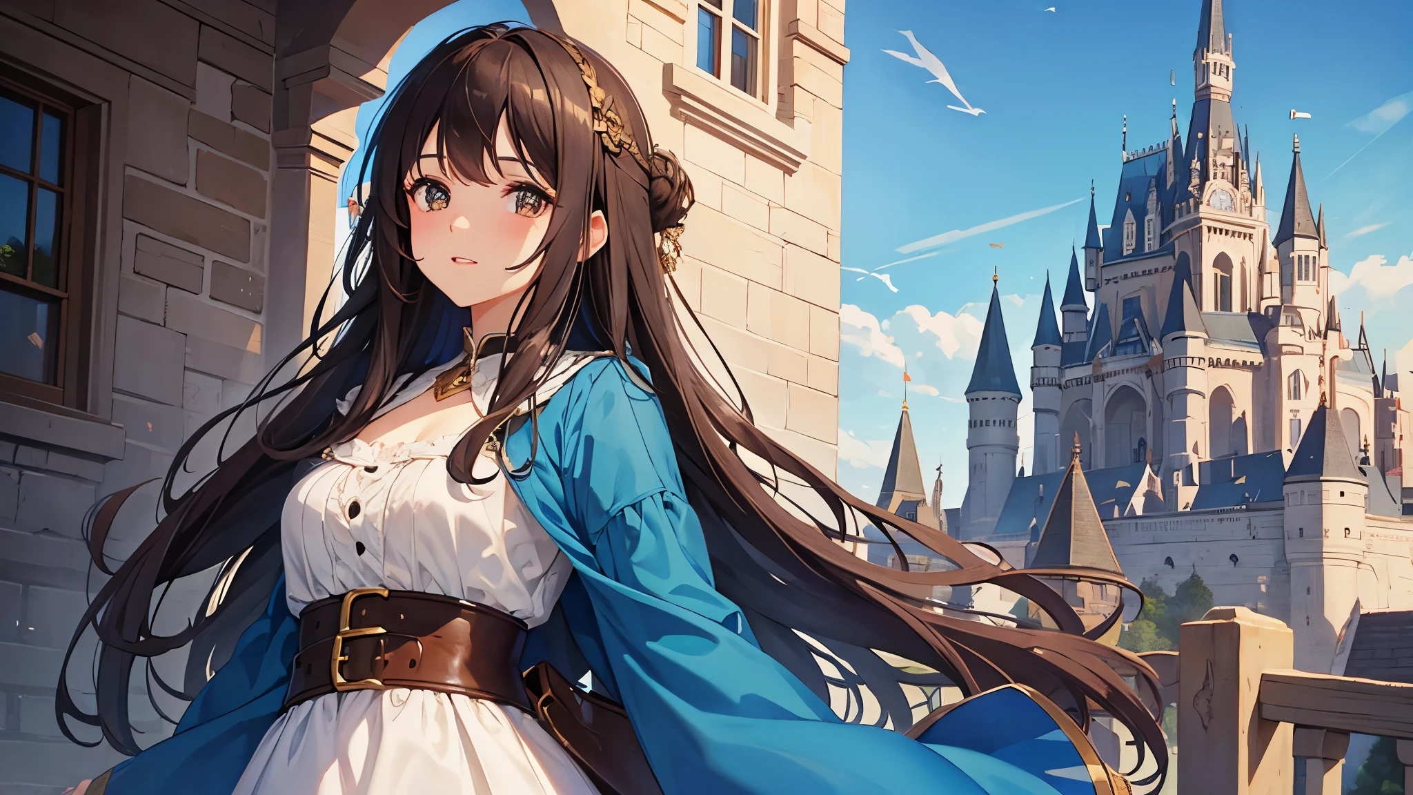 Two girls, revealing clothing, beautiful face, beautiful eyes, castle, fantasy, outdoors, masterpiece, high quality