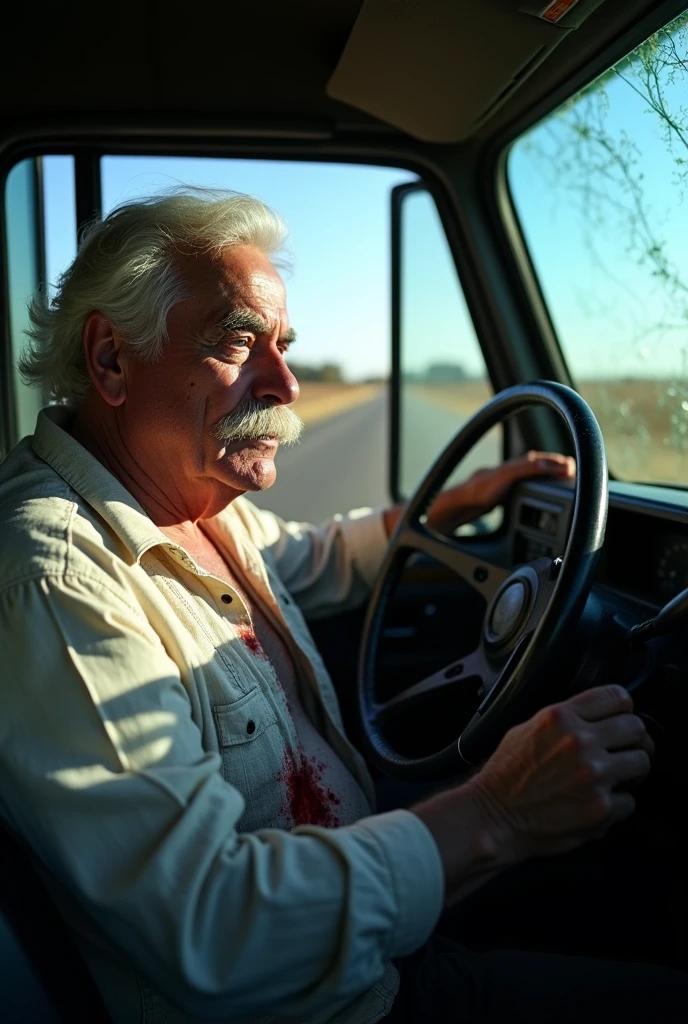Sir dead from gunshot wounds caliber 40 gunshot wound in the chest
45 years old with white hair and a white mustache
dead inside a truck he was driving, With a gunshot wound during the day