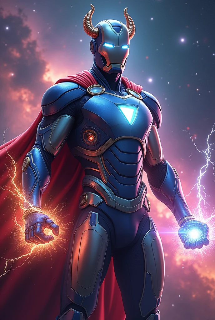 Combined super hero, with iron man, thor,dr strange,
Helmet on , armor only, space background, lightning in right hand, time stone aura in left hand, no cape
Small horns in the helmet