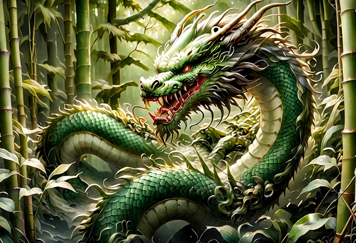 An Asian serpentine dragon, floating, flowing serpent like, through a dense bamboo forest weaving effortlessly between bamboo, stalking the viewer, menacing look
