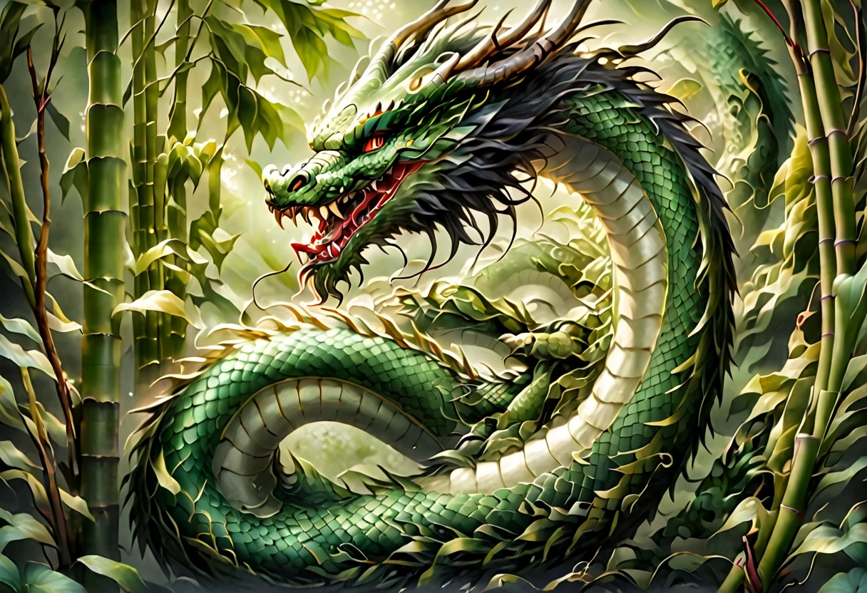 An Asian serpentine dragon, floating, flowing serpent like, through a dense bamboo forest weaving effortlessly between bamboo, stalking the viewer, menacing look
