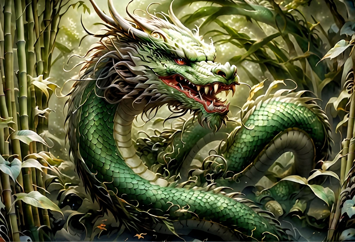 An Asian serpentine dragon, floating, flowing serpent like, through a dense bamboo forest weaving effortlessly between bamboo, stalking the viewer, menacing look
