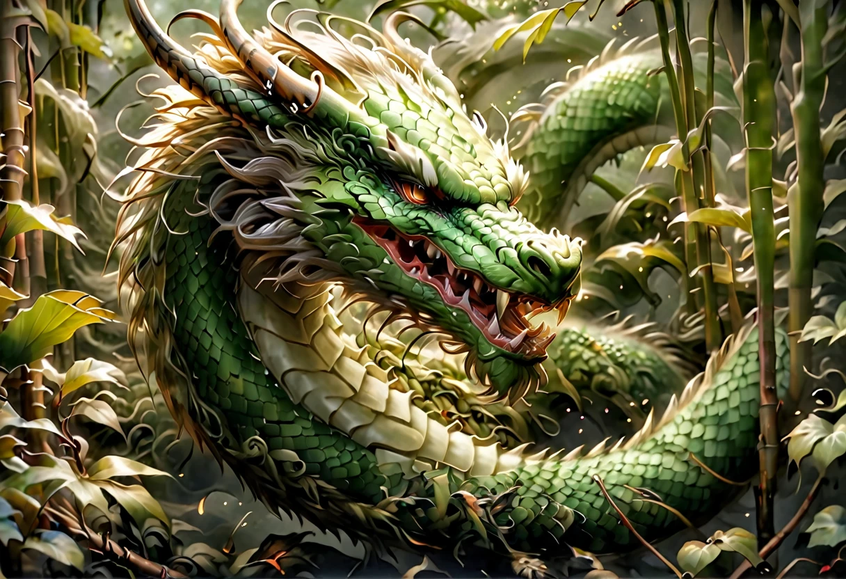 An Asian serpentine dragon, floating, flowing serpent like, through a dense bamboo forest weaving effortlessly between bamboo, stalking the viewer, menacing look
