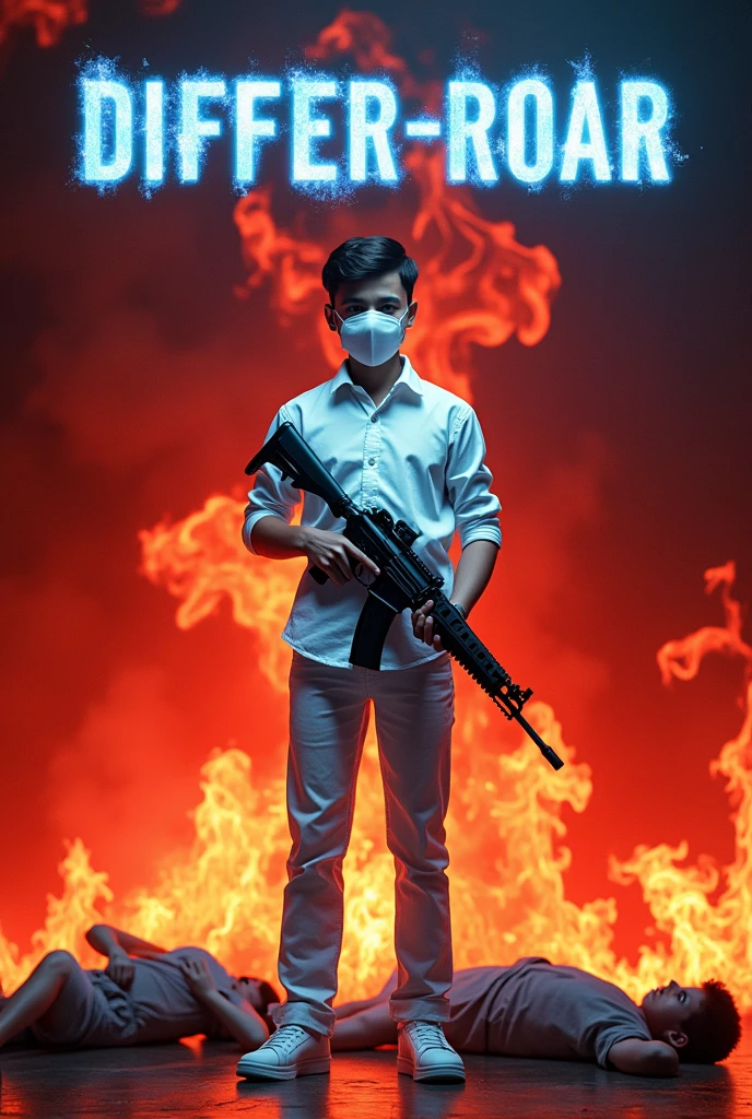 Create a 3d illusion where a 16 year guy is standing in white shirt white jeans white shoes wearing a white mask holding a mp40 gun with RED FIRE BACKGROUND there should be written "DIFFER-ROAR" with Blue fire text and 4 people's died Infront of him