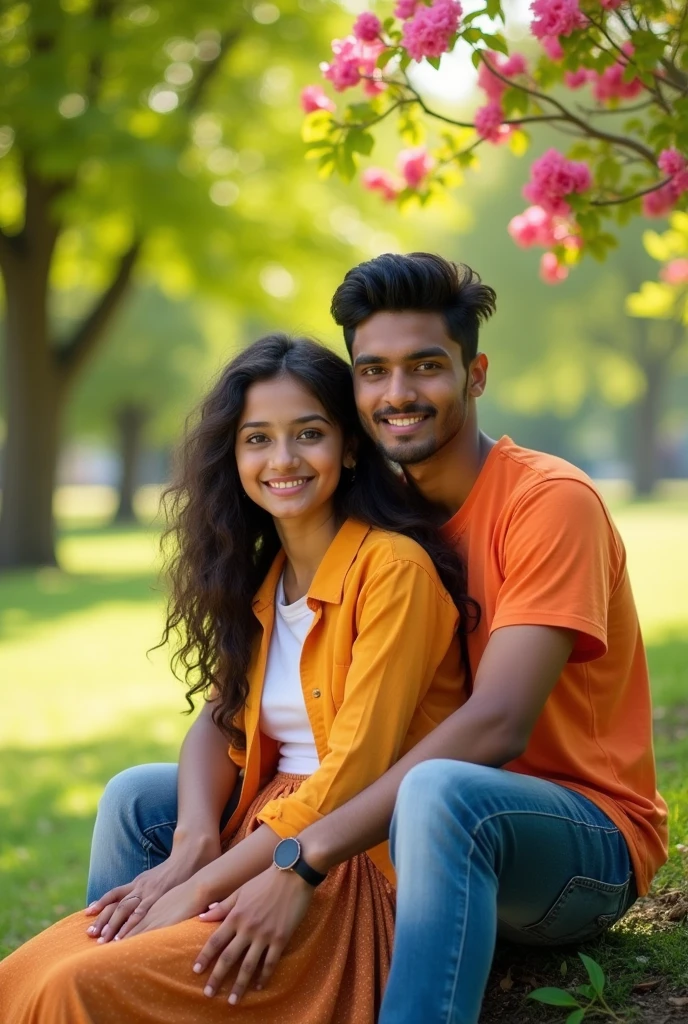 A 19-year-old school fair skinned girl in a shirt and skirt is sitting on the lap of a 17-year-old Indian boy in an Indian park, both of them looking straight at the camera. Beautiful surroundings all around