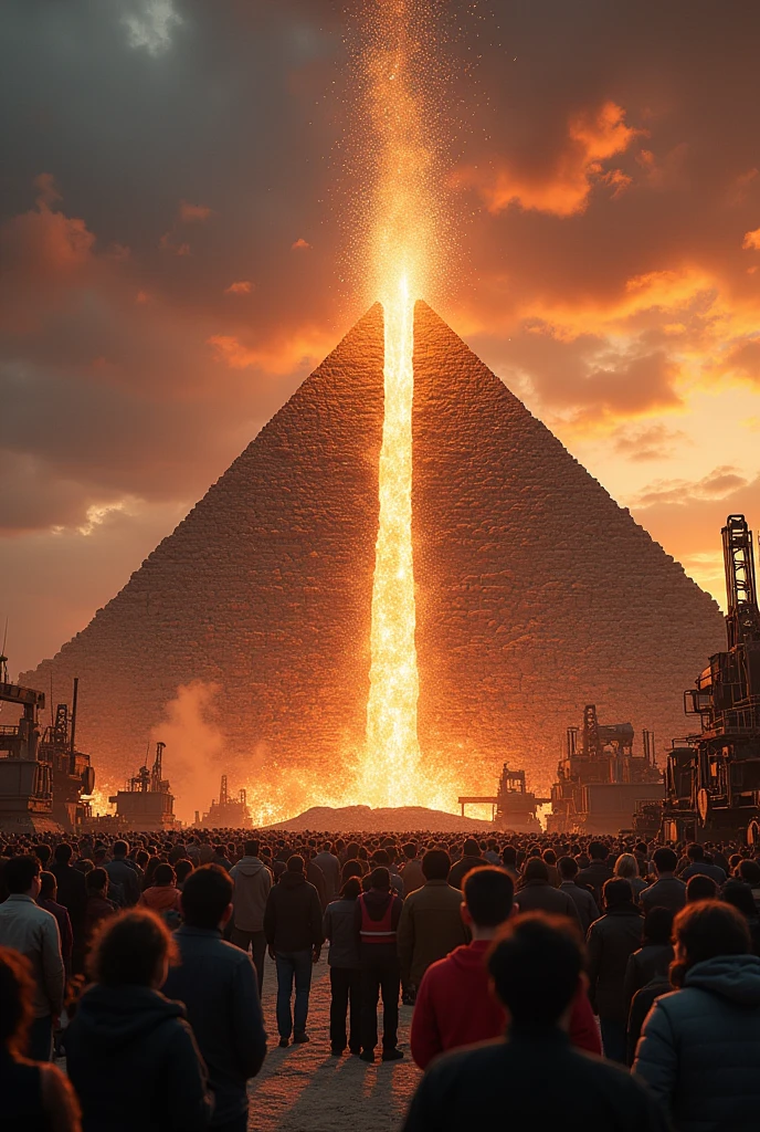"A grand pyramid being partially sliced by a colossal metal saw, with sparks and debris flying. A crowd of people is gathered around, watching intently. The background should feature a dramatic sky and detailed machinery, creating an atmosphere of awe and tension."