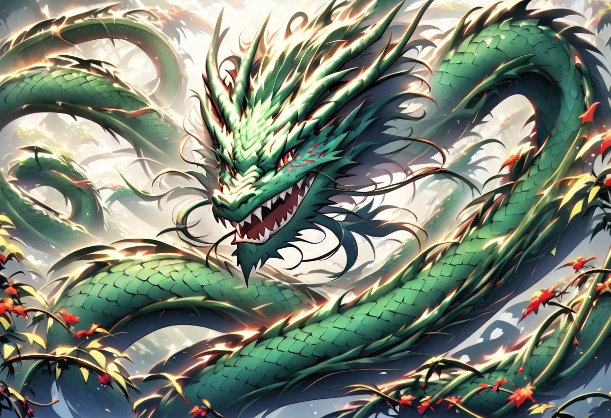 An Asian serpentine dragon, floating, flowing serpent like, through a dense bamboo forest weaving effortlessly between bamboo, stalking the viewer, menacing look
