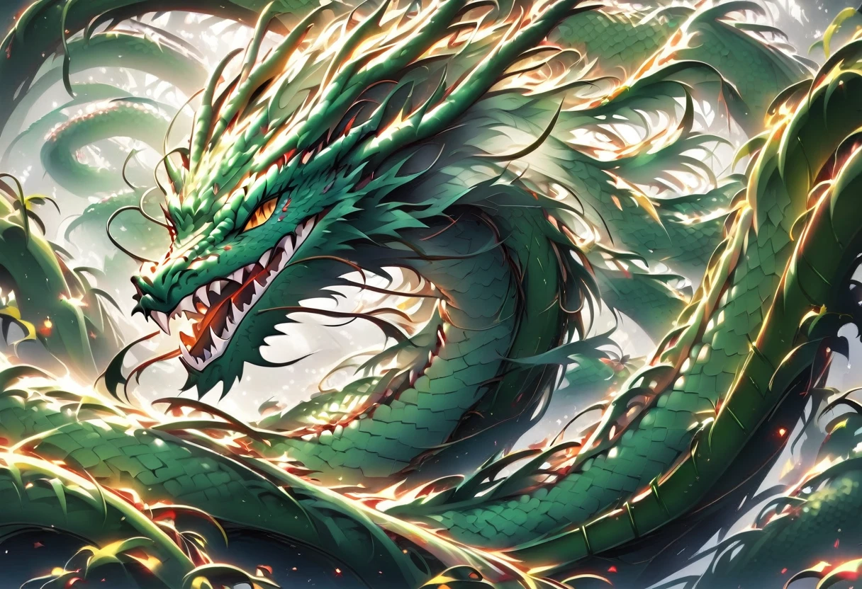 An Asian serpentine dragon, floating, flowing serpent like, through a dense bamboo forest weaving effortlessly between bamboo, stalking the viewer, menacing look
