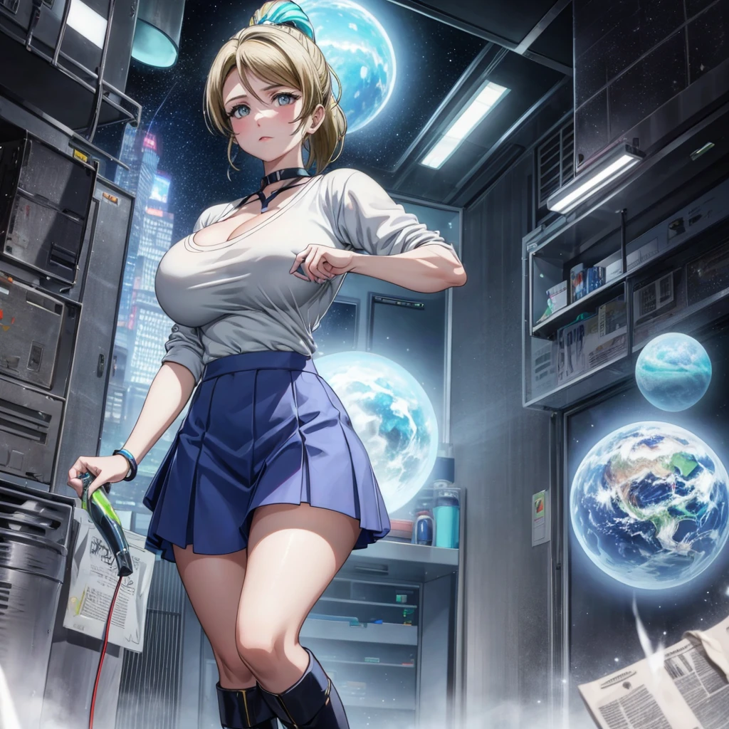 Huge Breasts,cleavage, short hair, Ponytail and Gray, Silver shirt, Underneath the shirt she was wearing another tight shirt, Vivid details and colors,Reminiscent of stars and planets in outer space, And a blue skirt and a pair of non-slip high boots,